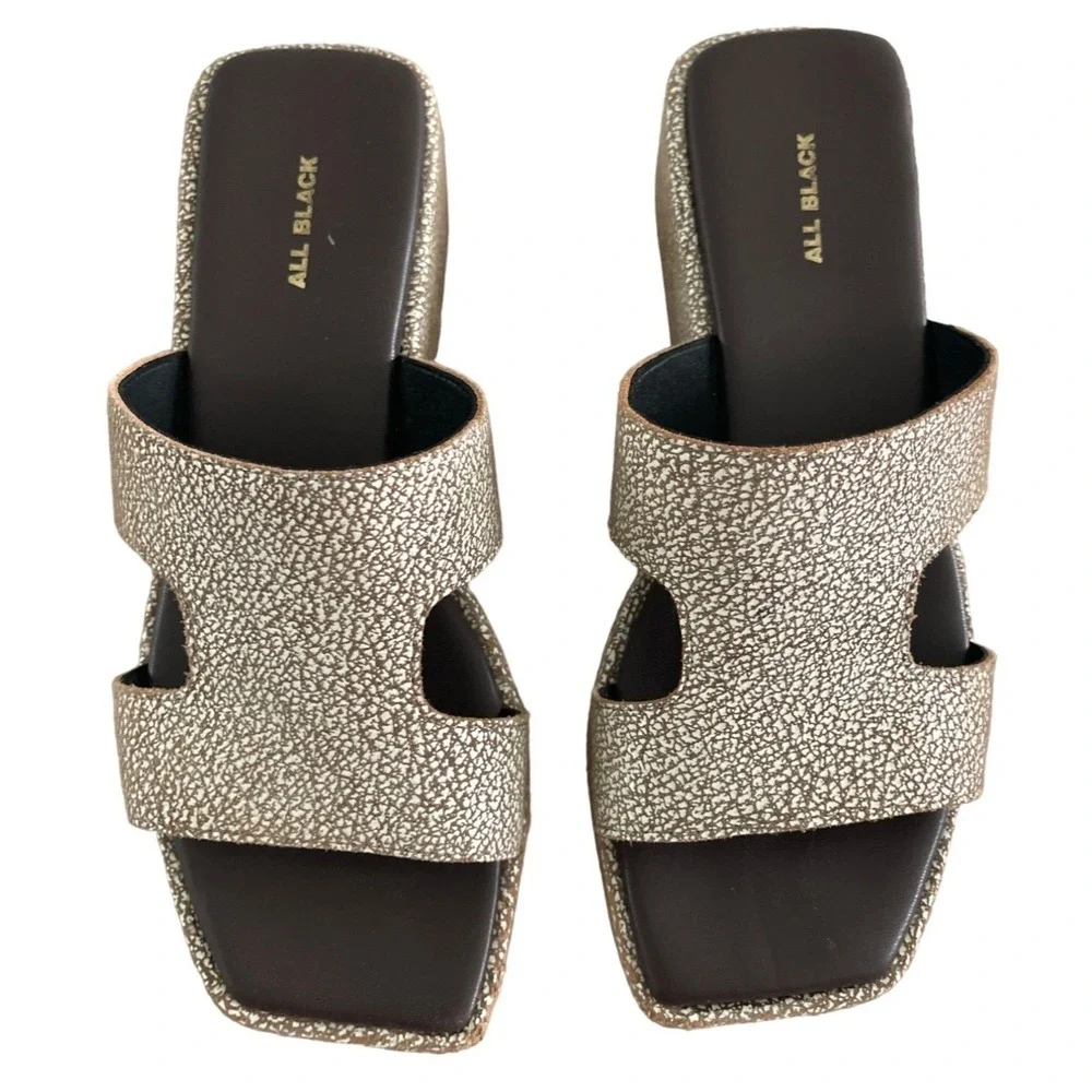 All Black Platform Slide Sandals Womens 40 9.5 H-Strap Brown Silver Luxe $175